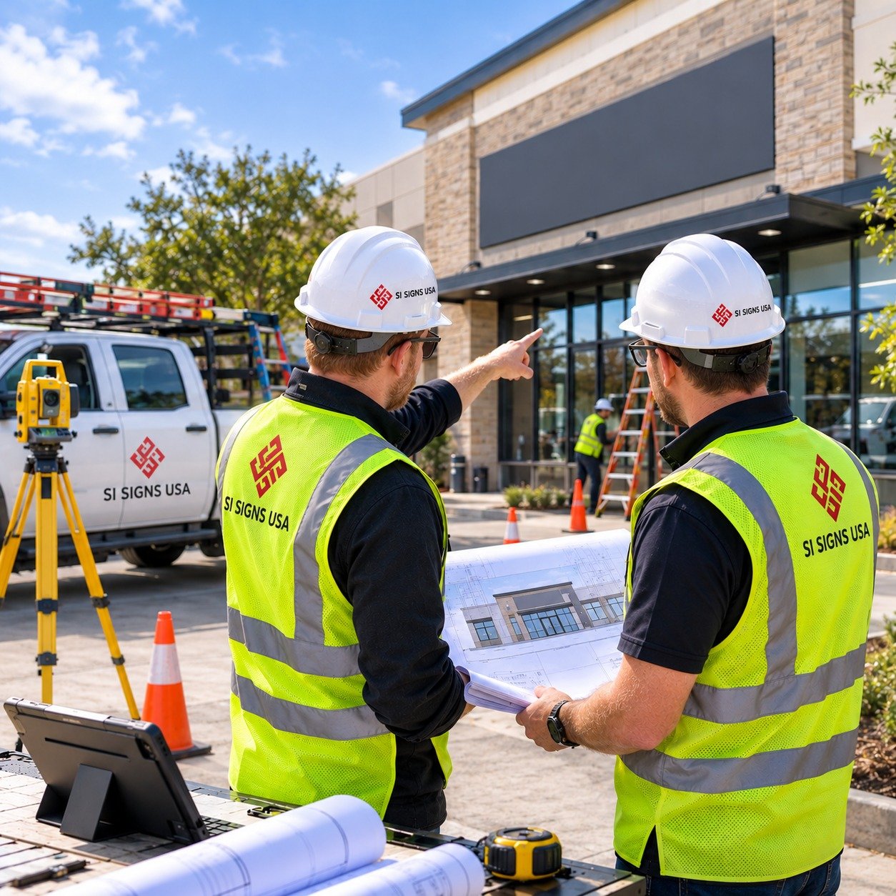 SI Signs USA engineers reviewing site plans in front of a storefront
