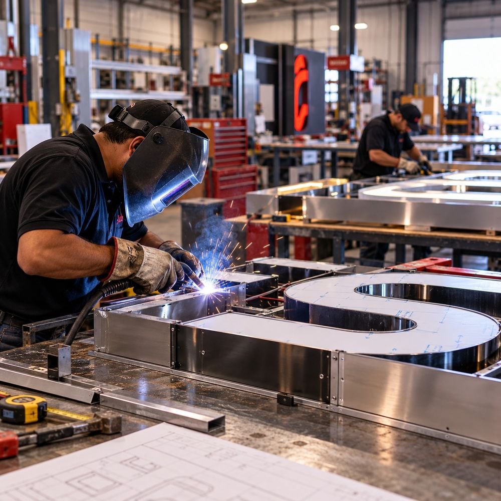 SI Signs USA fabricator welding an aluminium channel letter