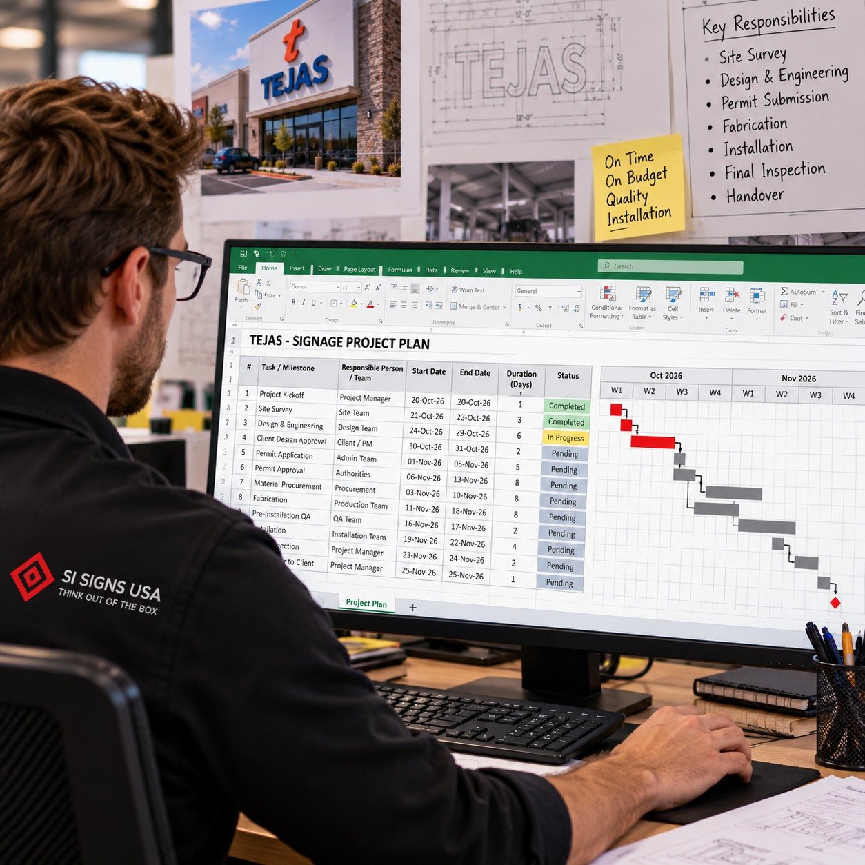 SI Signs USA project plan board with timeline and site notes